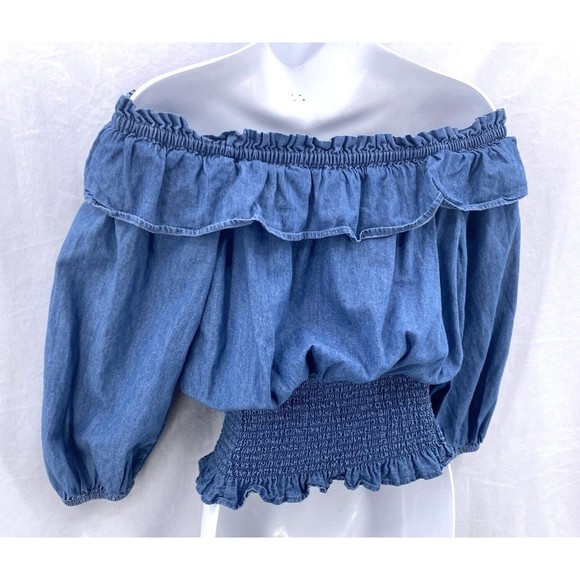 Retro 70s Chambray Top M Denim Blue On or Off Shoulder Wide Ruched Waist Ruffle - Picture 6 of 12